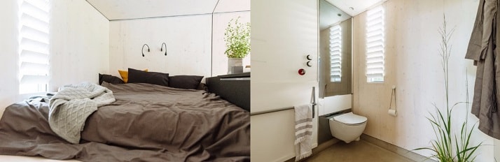 Dormitorio y baño de la casa prefabricada Koda